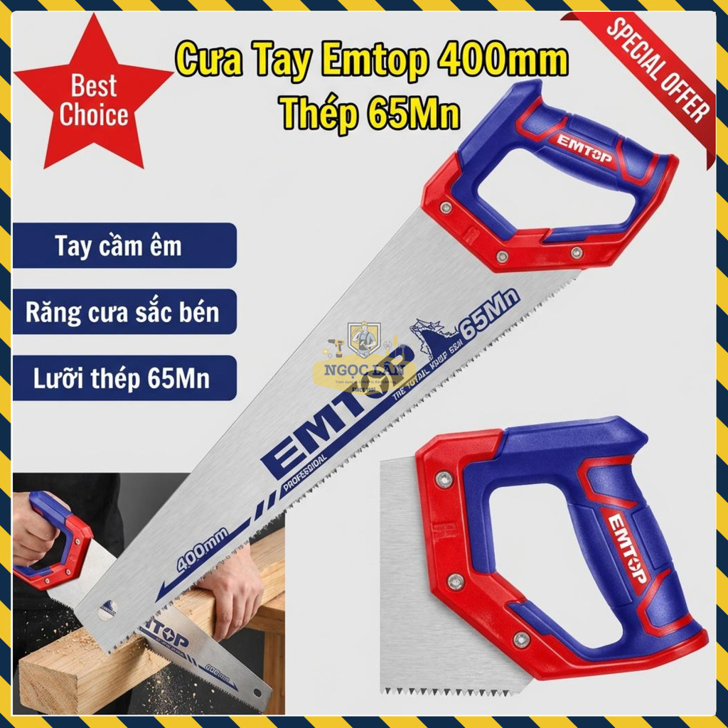 Cưa Tay Gỗ Emtop 400mm, Lưỡi Thép 65Mn, Răng Sắc Bén