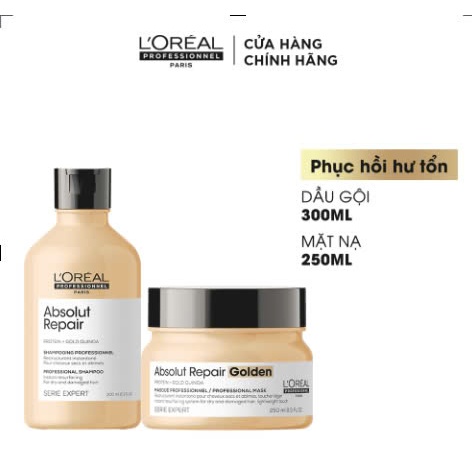 Combo gội 300ml & dầu hấp 250ml  phục hồi hư tổn toàn diện L'Oréal Professionnel Serie Expert Absolut Repair Golden