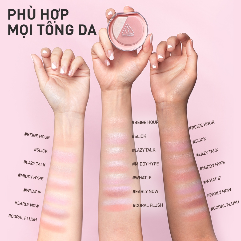 3CE Combo Phấn Má Hồng Blushlighter & Son Dưỡng Môi Glazy Lip Glow
