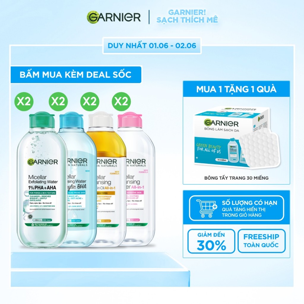 Bộ 2 nước Tẩy Trang làm sạch sâu dịu nhẹ cho mọi loại da (dầu, thường, khô, nhạy cảm) -Garnier Micellar Cleansing Water