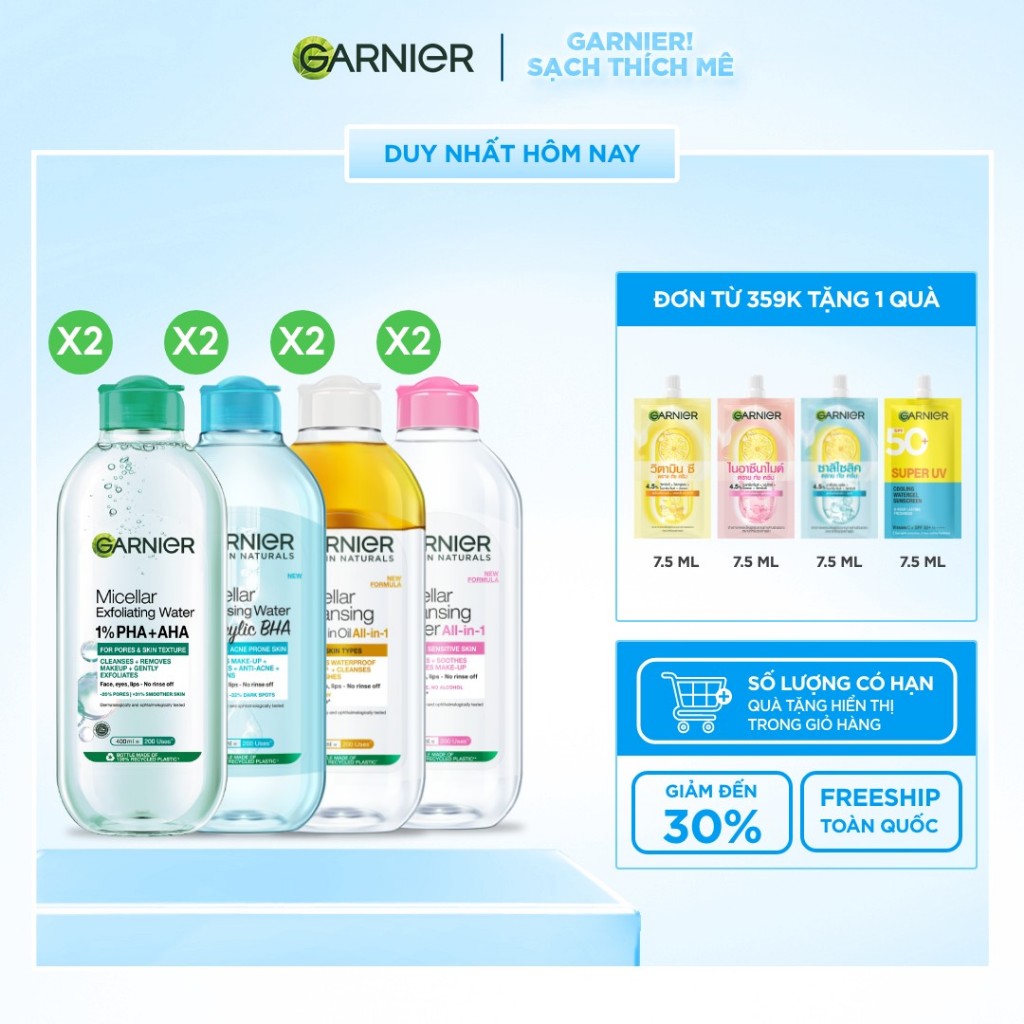 Bộ 2 nước Tẩy Trang làm sạch sâu dịu nhẹ cho mọi loại da (dầu, thường, khô, nhạy cảm) -Garnier Micellar Cleansing Water