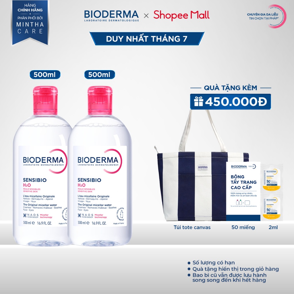 [BIODERMA] Bộ đôi nước tẩy trang Micellar cho da nhạy cảm Bioderma Sensibio H2O - 500mlx2