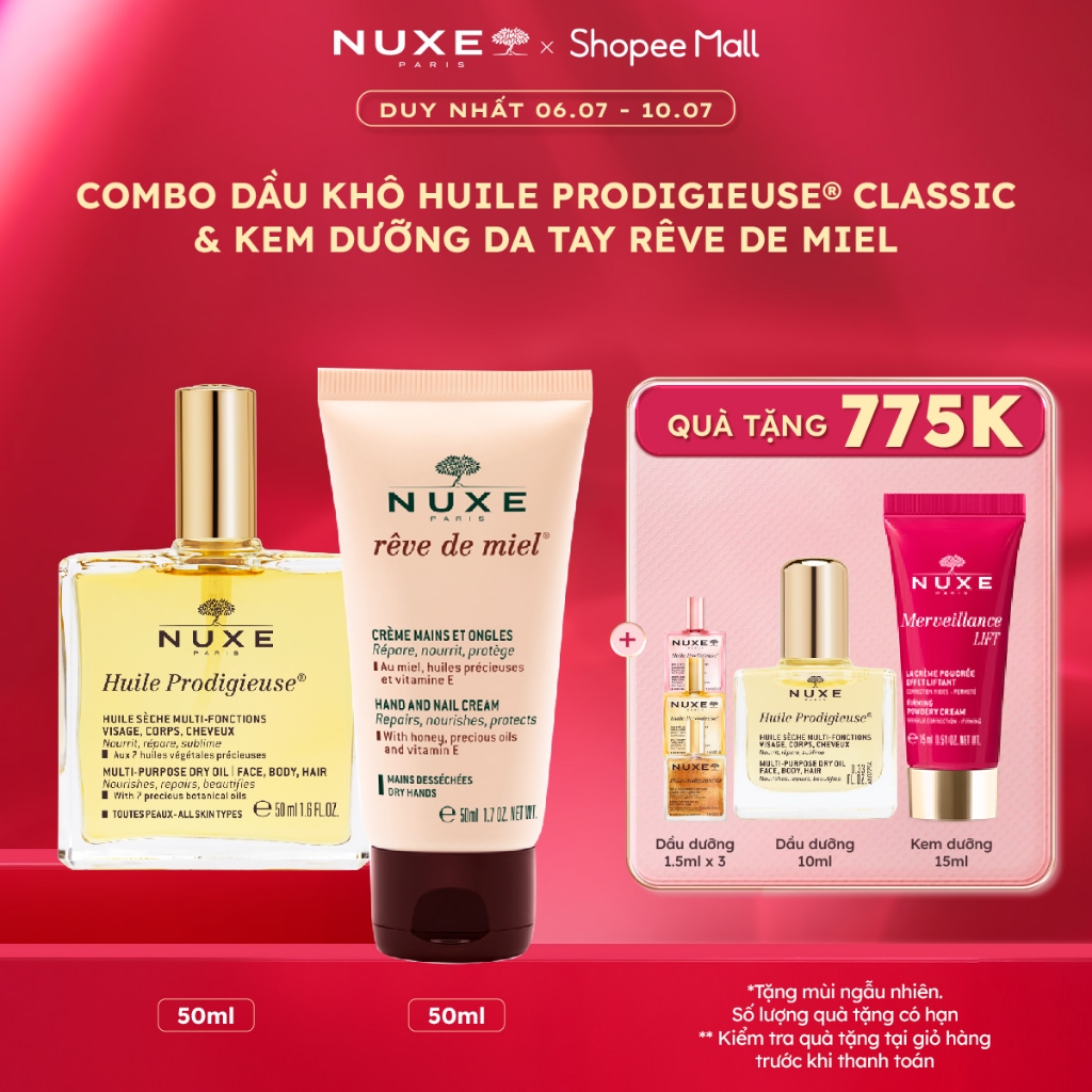 Combo Dầu khô đa năng Nuxe Huile Prodigieuse 50ml & Kem dưỡng da tay Nuxe Reve De Miel 50ml