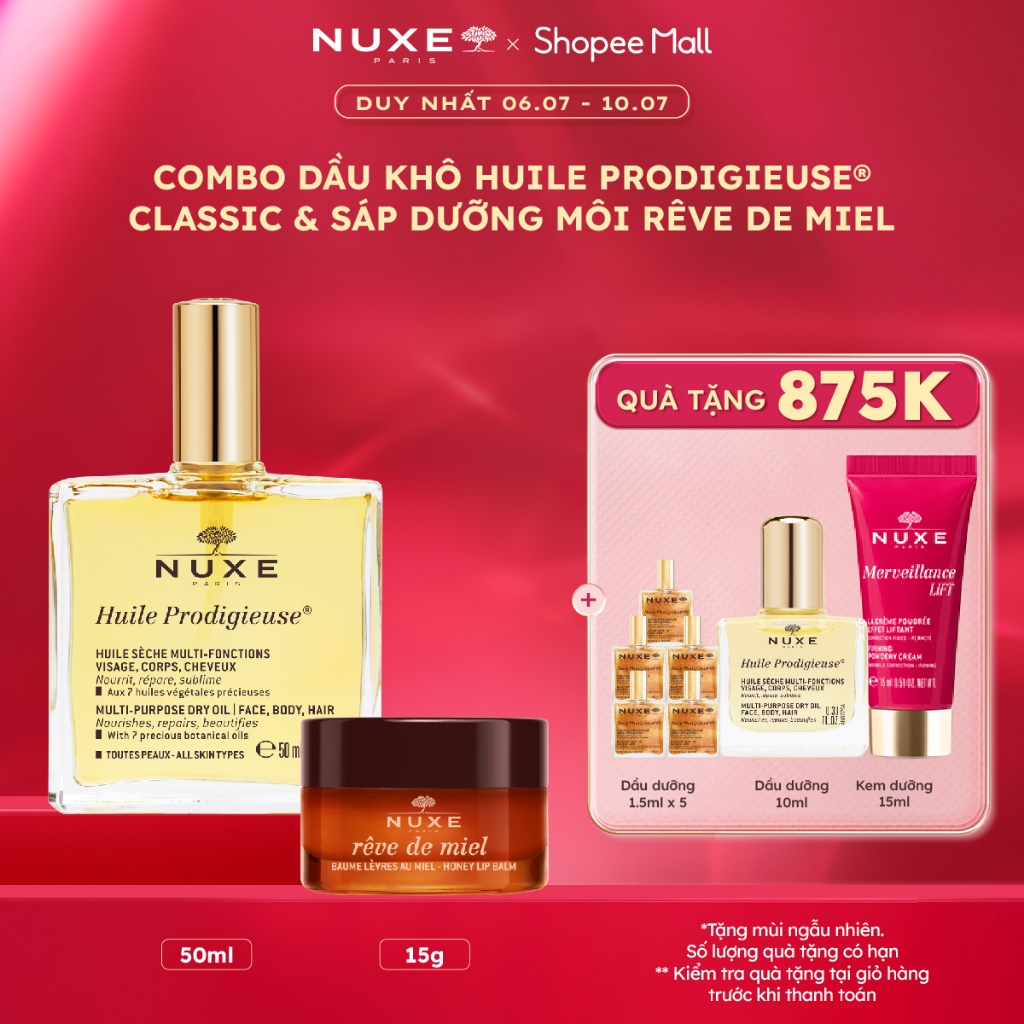 Combo Dầu dưỡng khô đa năng Nuxe Huile Prodigieuse Multi-Purpose Dry Oil 50ml & Sáp dưỡng môi mật ong 15g