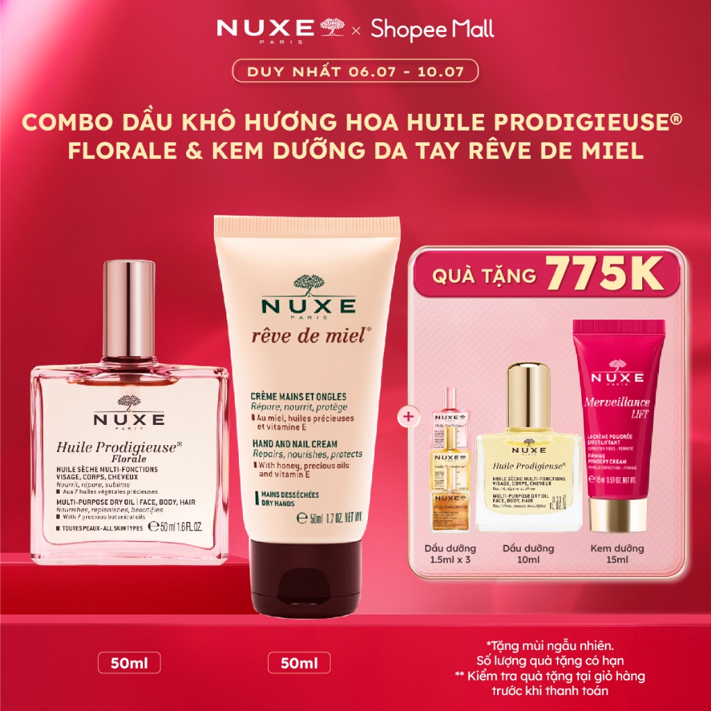 Combo Dầu dưỡng khô đa năng Huile Prodigieuse Florale 50ml & Kem dưỡng da tay và móng Reve De Miel 50ml