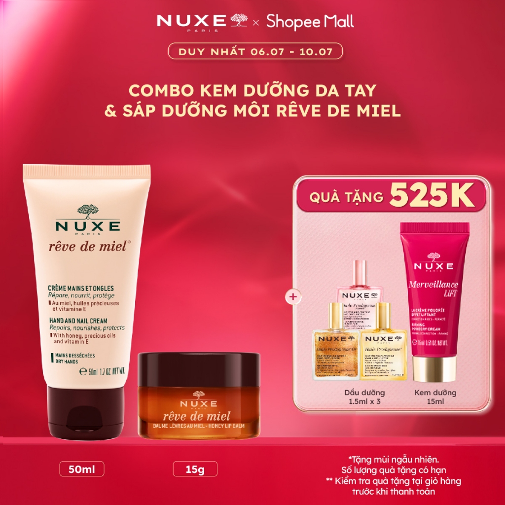Combo Nuxe Reve De Miel Kem dưỡng da tay và móng 50ml & Sáp dưỡng môi mật ong 15g