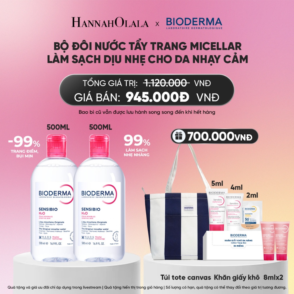 [BIODERMA] Bộ đôi nước tẩy trang Micellar cho da nhạy cảm Bioderma Sensibio H2O - 500mlx2