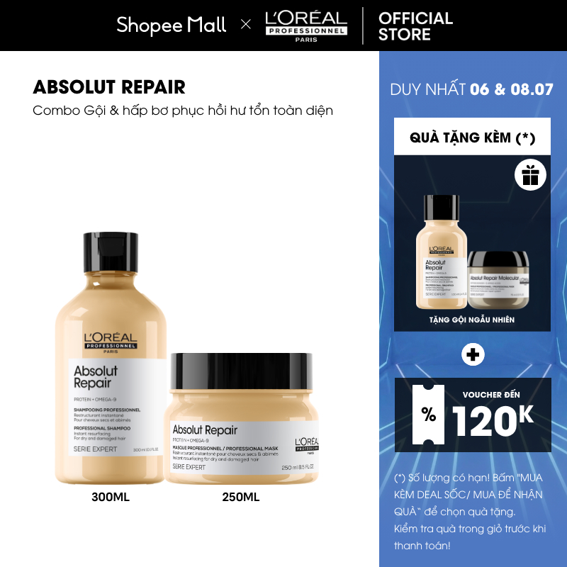 Combo Gội 300ml và Dầu hấp bơ 250ml dưỡng tóc mềm mượt & phục hồi hư tổn L'Oréal Professionnel Absolut Repair