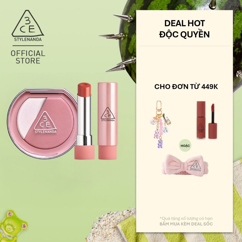 3CE Combo Phấn Má Hồng Blushlighter & Son Dưỡng Môi Glazy Lip Glow