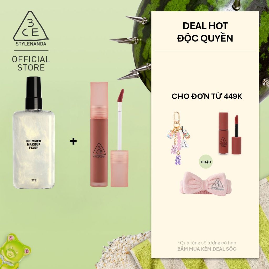 3CE Combo Son Blur Water Tint  & Chai Xịt Cố Định Lớp Trang Điểm Shimmer Make Up Fixer