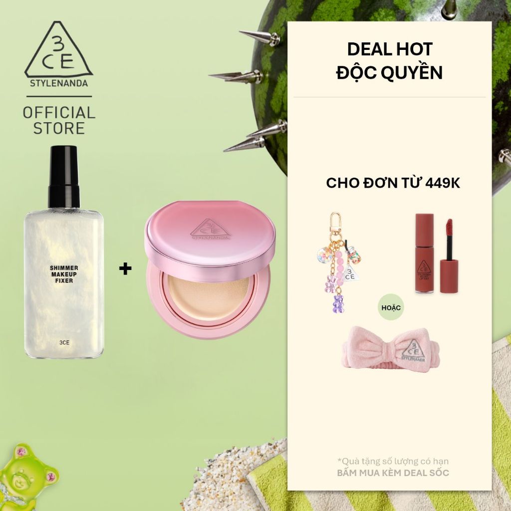 3CE Combo Phấn Nước Fitting Mesh Cover Cushion & Chai Xịt Khóa Nền Shimmer Makeup Fixer