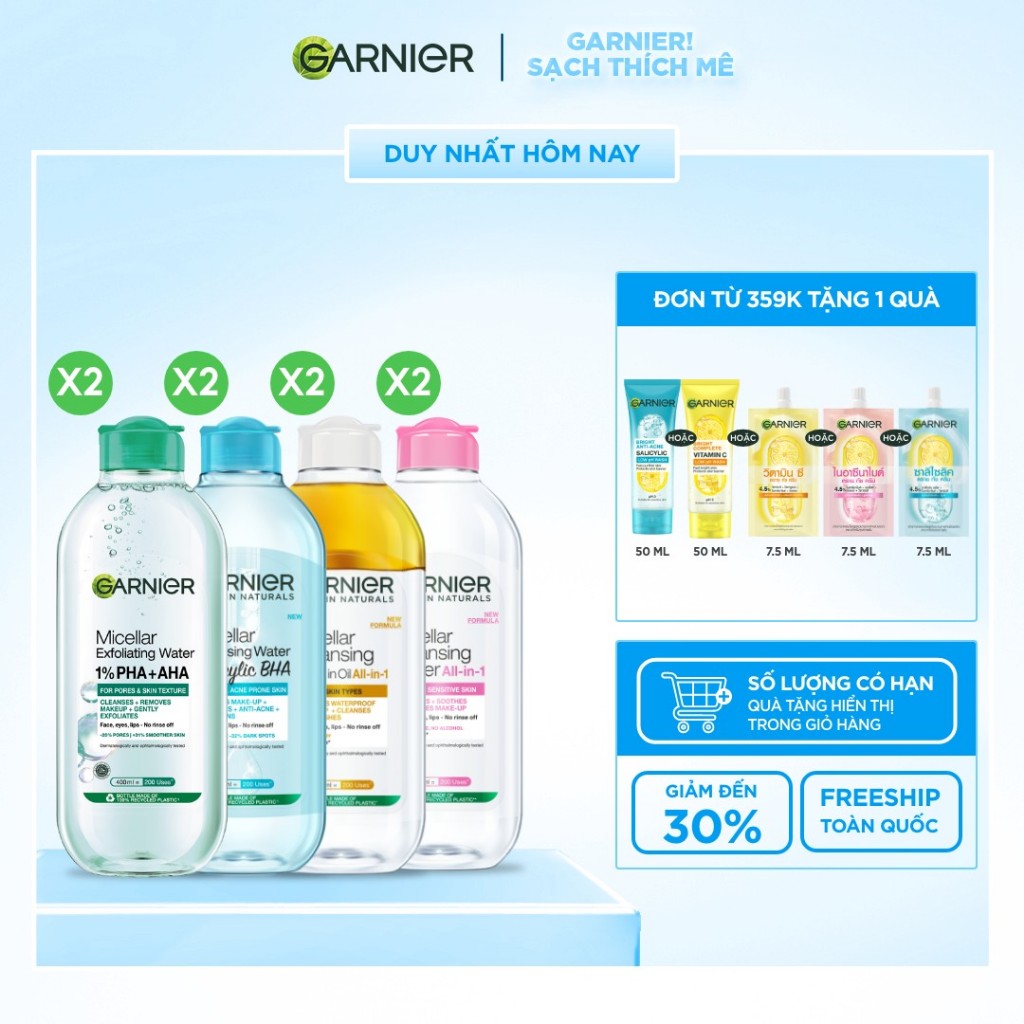 Bộ 2 nước Tẩy Trang làm sạch sâu dịu nhẹ cho mọi loại da (dầu, thường, khô, nhạy cảm) -Garnier Micellar Cleansing Water