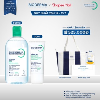 [BIODERMA] Bộ đôi nước tẩy trang Bioderma Sebium H2O 500ml và kem dưỡng giảm mụn viêm nhạy cảm Sebium Sensitive 30ml