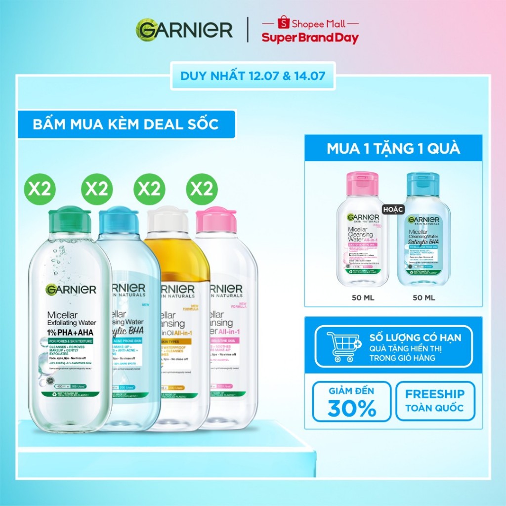 Bộ 2 nước Tẩy Trang làm sạch sâu dịu nhẹ cho mọi loại da (dầu, thường, khô, nhạy cảm) -Garnier Micellar Cleansing Water