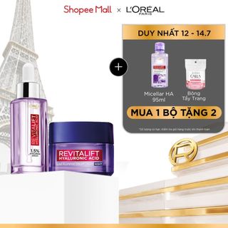 VB_Bộ serum cấp ẩm 1.5% HA 30ml & kem dưỡng đêm chống rãnh nhăn lão hóa sớm Revitalift Line Plumping L'Oreal Paris 50ml