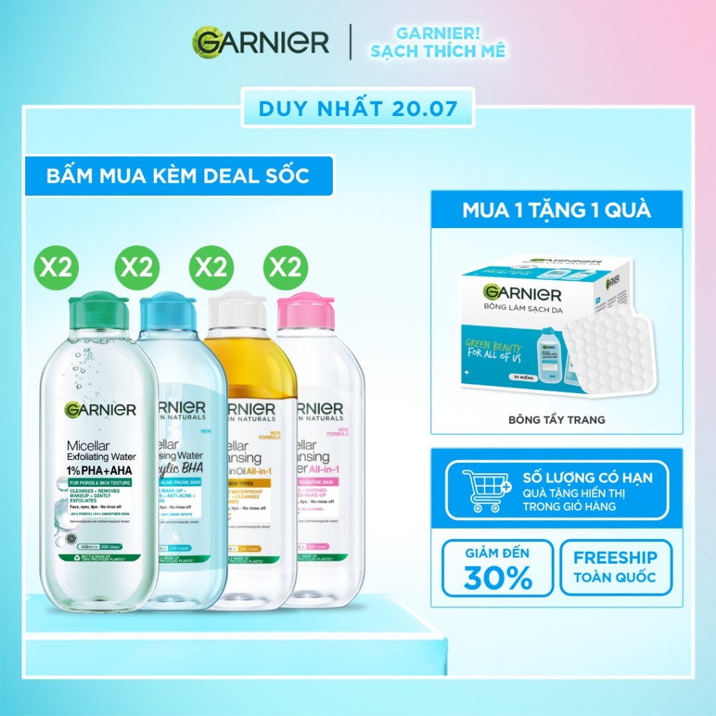 Bộ 2 nước Tẩy Trang làm sạch sâu dịu nhẹ cho mọi loại da (dầu, thường, khô, nhạy cảm) -Garnier Micellar Cleansing Water