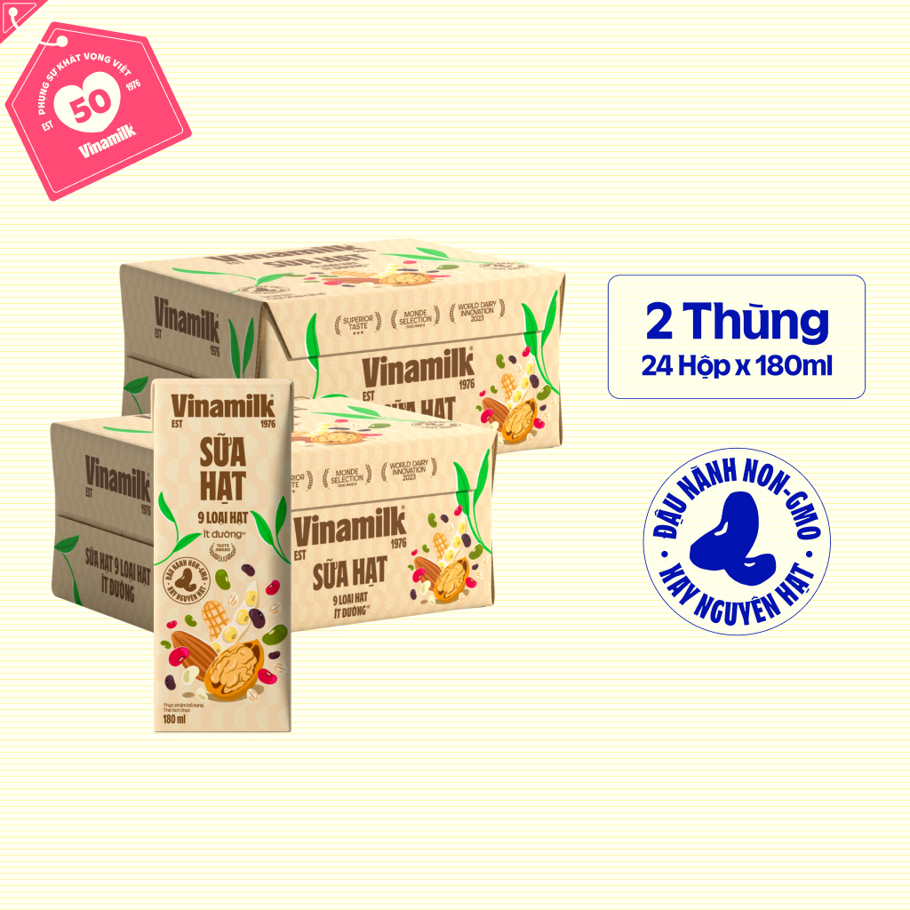 Combo 2 Thùng Sữa hạt 9 loại hạt Vinamilk 180ml ít đường – 24 hộp/thùng
