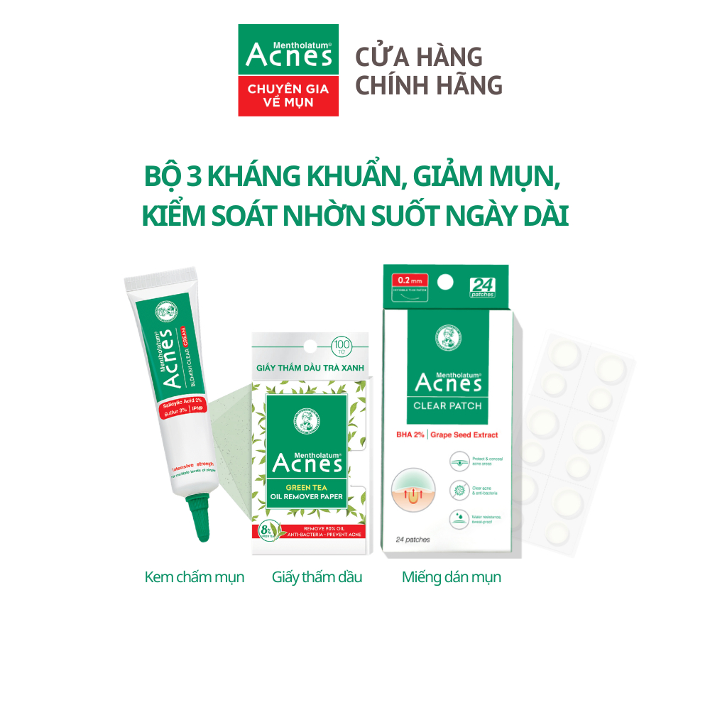 Combo giảm mụn sưng viêm, kiềm dầu dùng hằng ngày Acnes: Kem giảm mụn 10g +Miếng dán mụn 24 miếng + Giấy thấm dầu 100 tờ