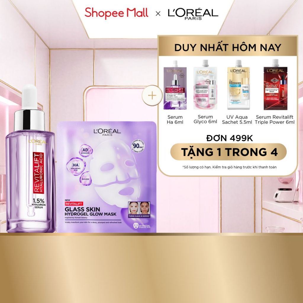 VB_ [Combo trải nghiệm] Serum 1.5% HA % mặt nạ thạch Glass Skin sau 90 phút giúp da căng. mịn & mướt L'Oreal Paris 30ml
