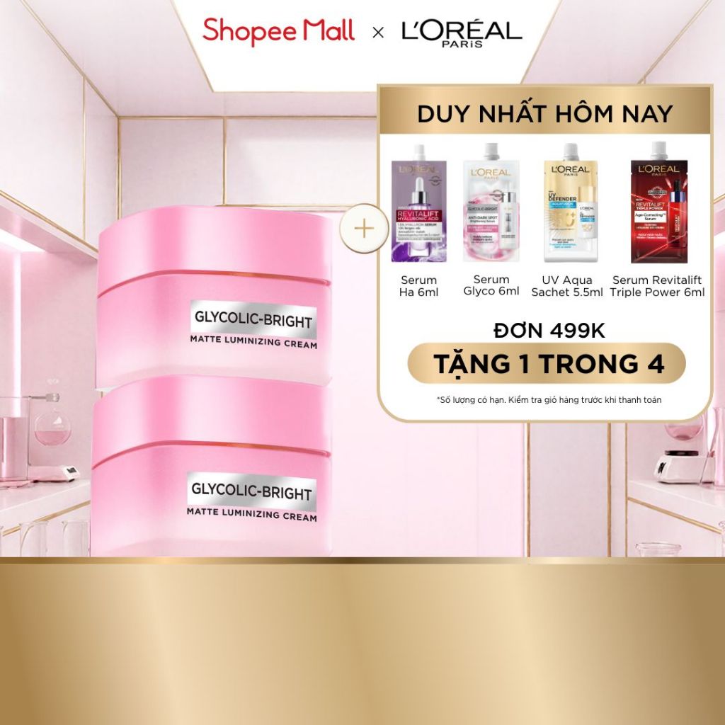 VB _ Bộ đôi kem dưỡng sáng da đột phá Melasyl làm mờ thâm mụn, nám L'Oreal Paris Glycolic Bright Matte Luminizing 50mlx2