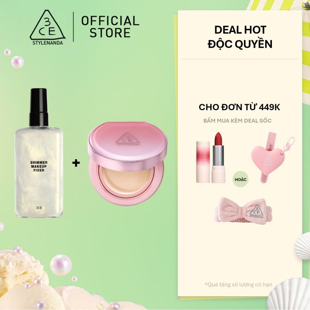 3CE Combo Phấn Nước Fitting Mesh Cover Cushion & Chai Xịt Khóa Nền Shimmer Makeup Fixer
