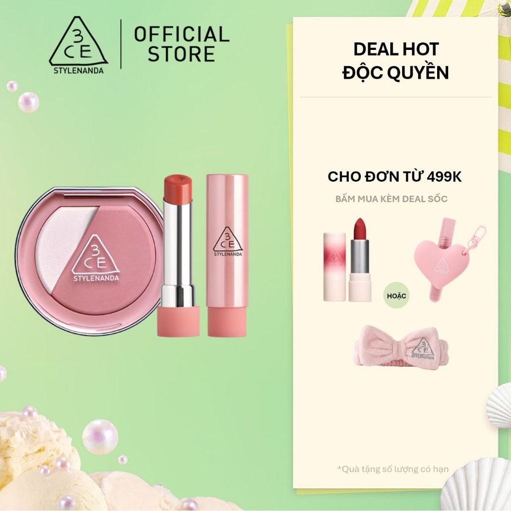 3CE Combo Phấn Má Hồng Blushlighter & Son Dưỡng Môi Glazy Lip Glow