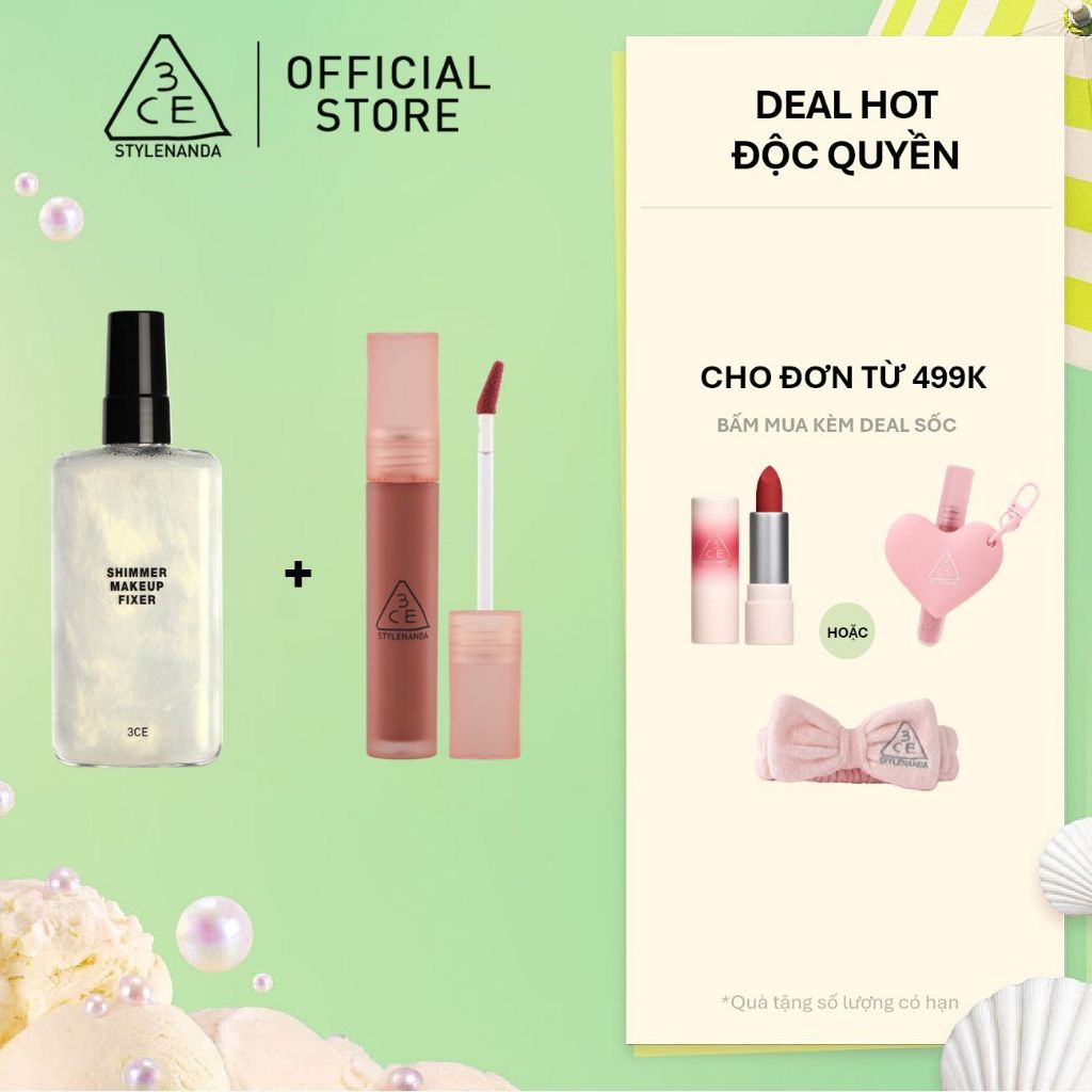 3CE Combo Son Blur Water Tint & Chai Xịt Cố Định Lớp Trang Điểm Shimmer Make Up Fixer