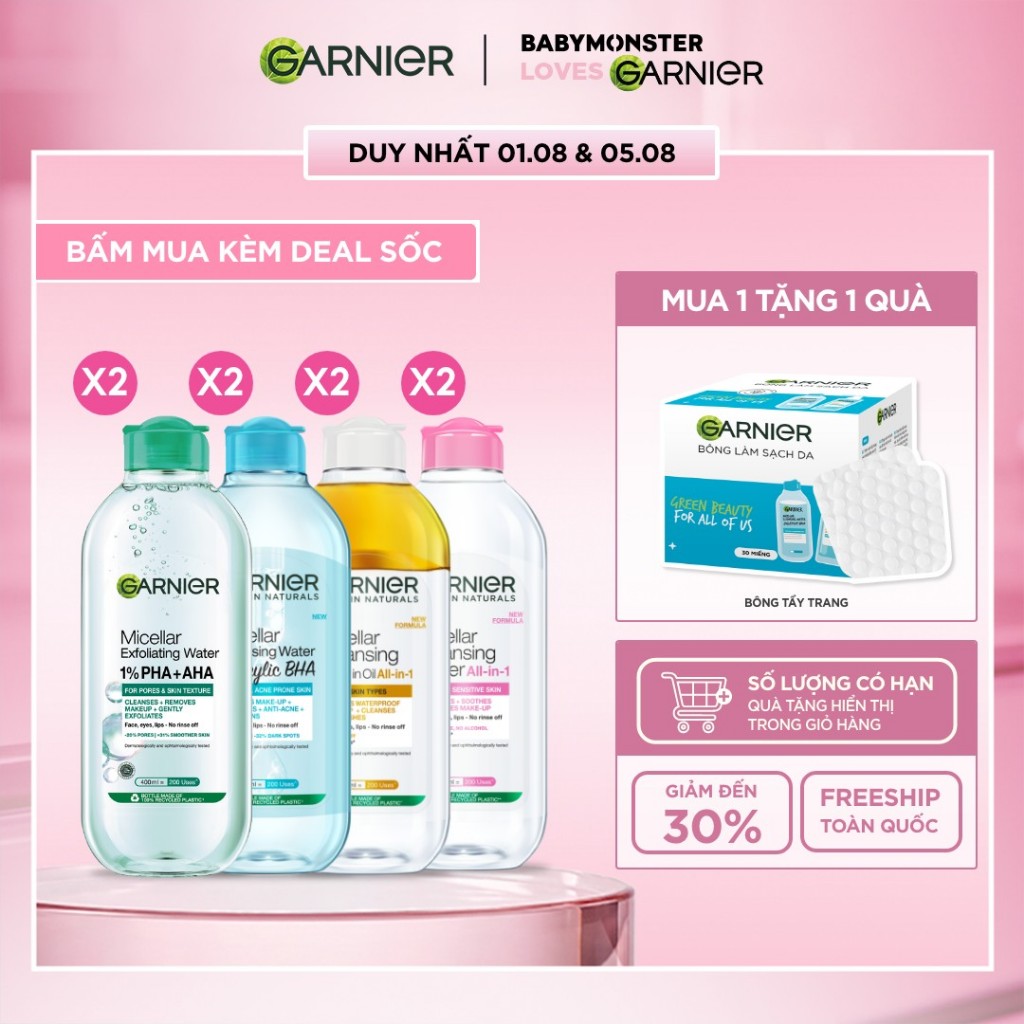 Bộ 2 nước Tẩy Trang làm sạch sâu dịu nhẹ cho mọi loại da (dầu, thường, khô, nhạy cảm) -Garnier Micellar Cleansing Water