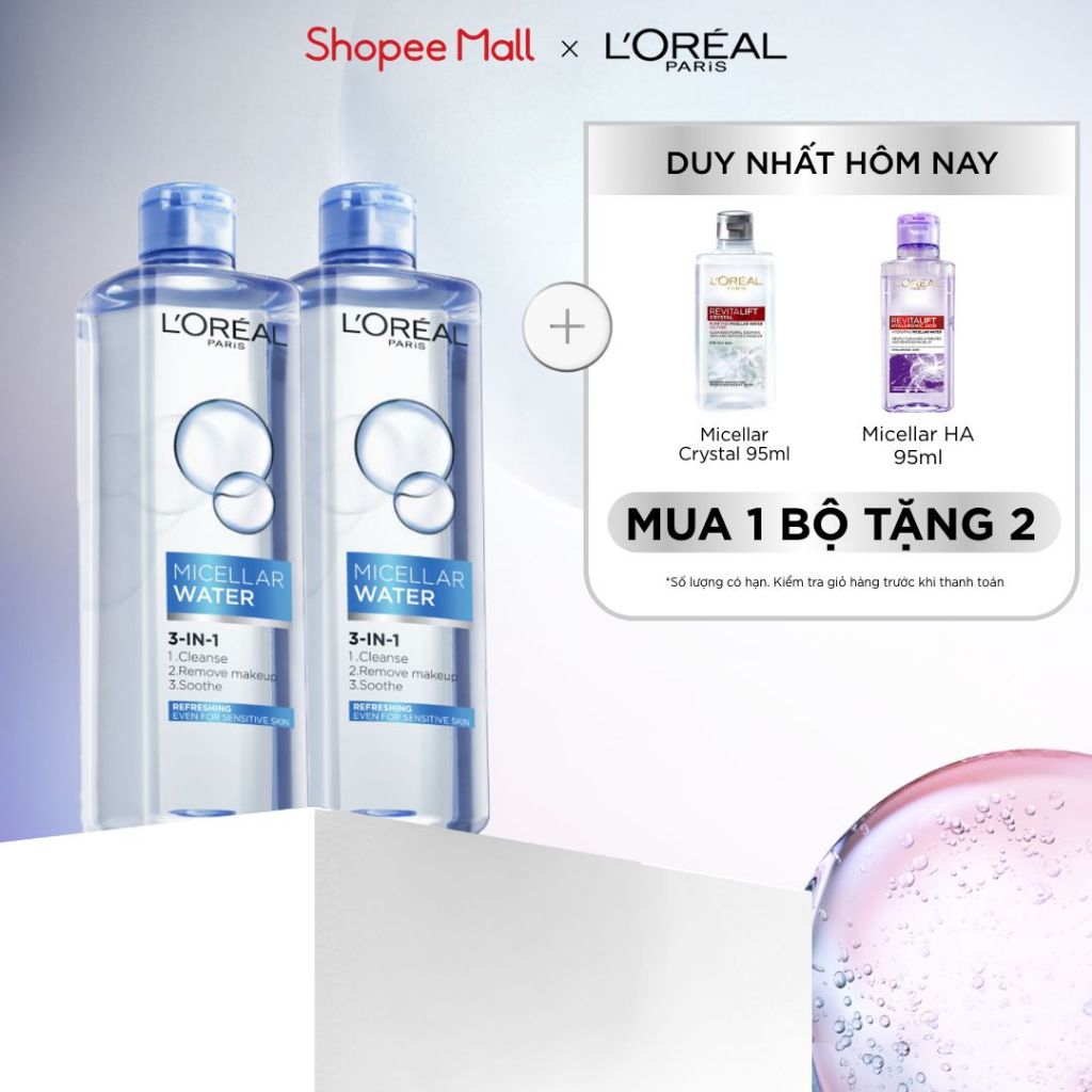VB _ Bộ đôi nước tẩy trang giúp làm sạch sâu 3-in-1 L'Oreal Paris Micellar Water (400ml x2)
