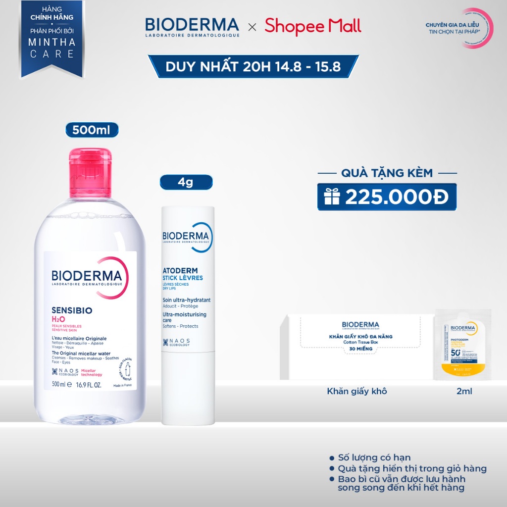 Bộ đôi nước tẩy trang cho mọi loại da Sensibio H2O 500ml và son dưỡng môi khô nứt nẻ Bioderma Atoderm Stick Levres - 4g