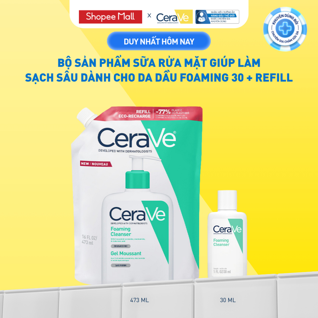 [VB HO] Bộ sản phẩm CeraVe sữa rửa mặt giúp làm sạch sâu dành cho da dầu Foaming 30 + Refill