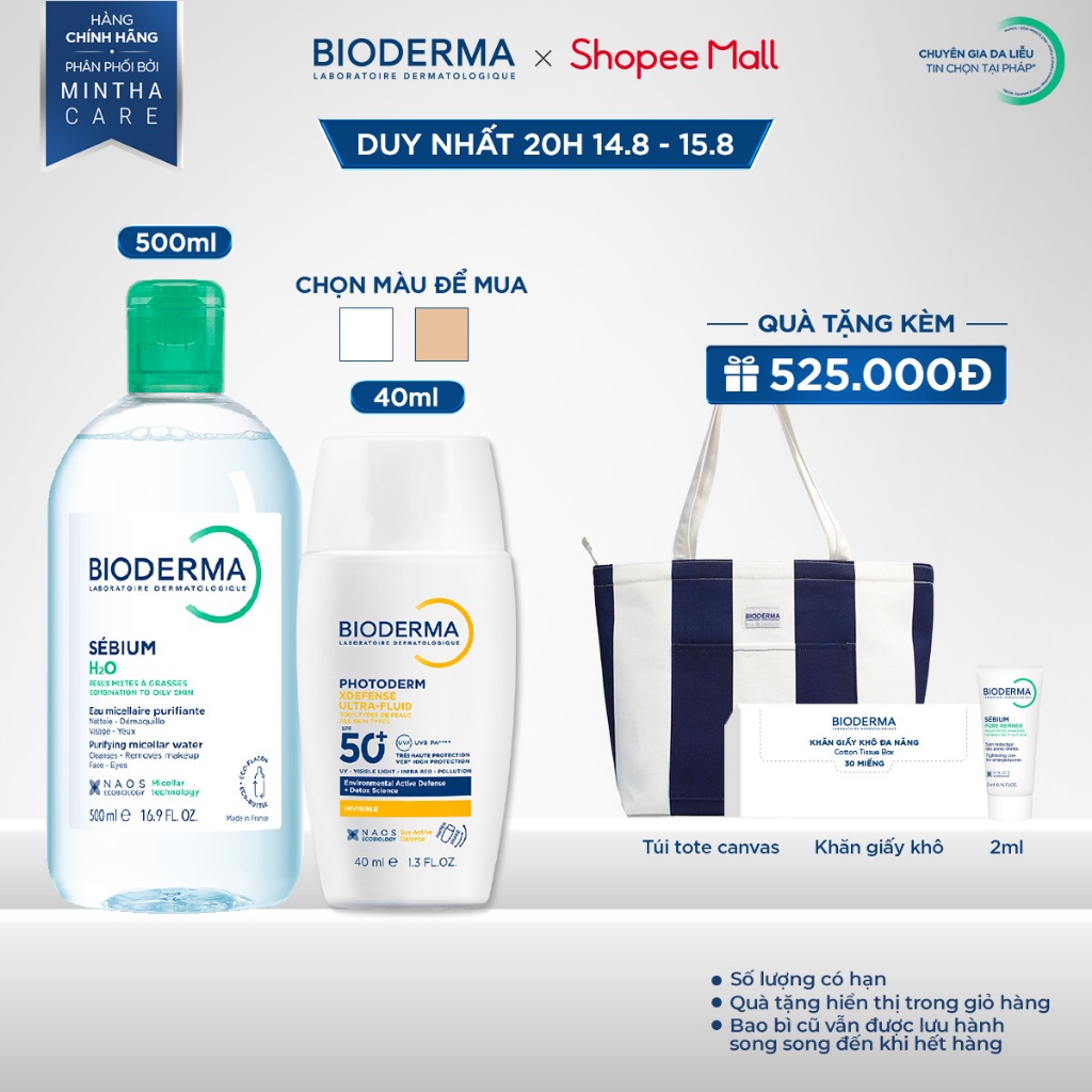 Bộ đôi nước tẩy trang Bioderma Sebium H2O 500ml và Sữa chống nắng XDefense Ultra-fluid SPF50+ 40ml da dầu mụn
