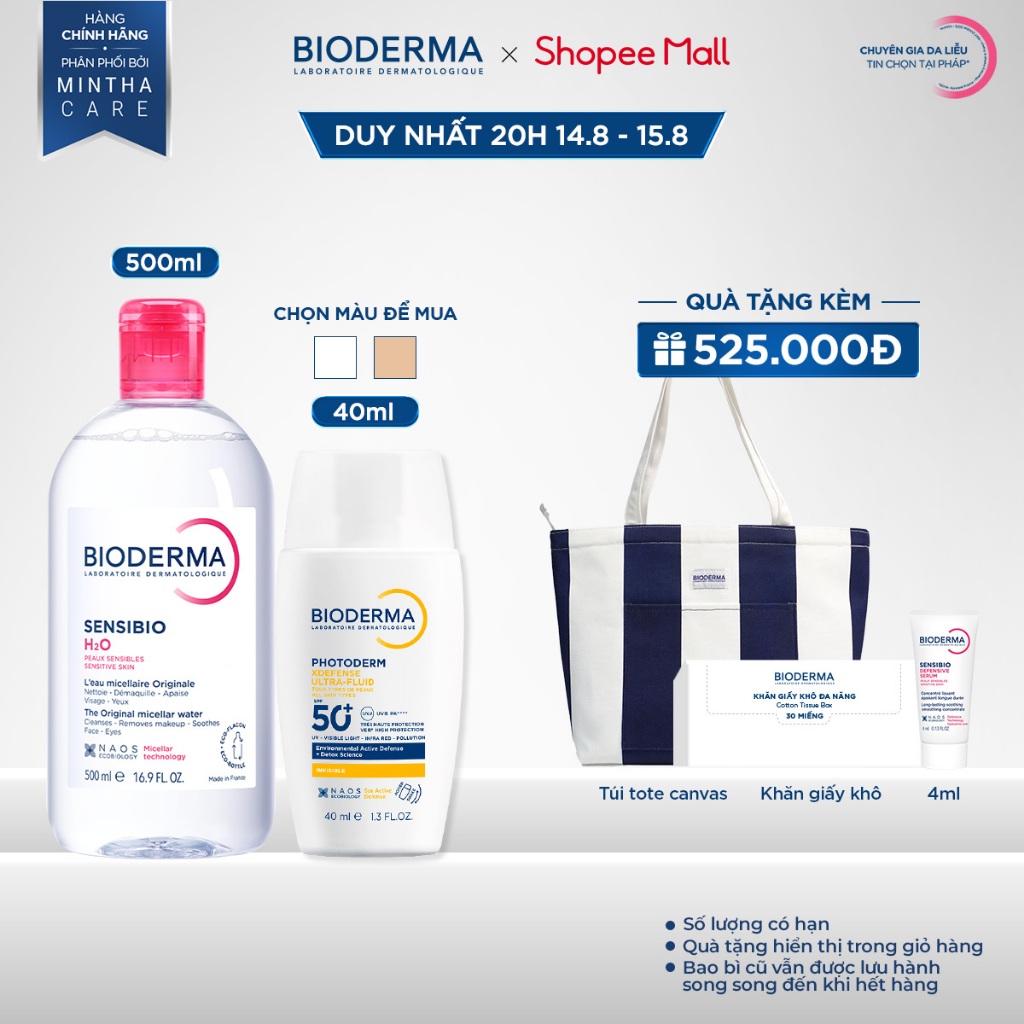 Bộ đôi nước tẩy trang Bioderma Sensibio H2O 500ml và Sữa chống nắng XDefense SPF50+ 40ml cho da nhạy cảm