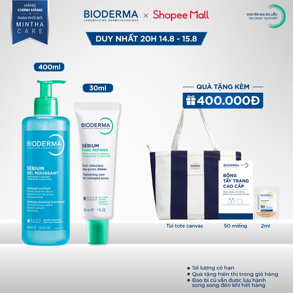 Bộ đôi gel rửa mặt tạo bọt Sebium Gel Moussant 400ml và kem se nhỏ lỗ chân lông Sebium Pore Refiner 30ml