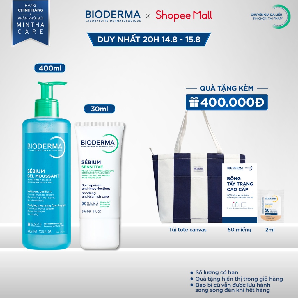 Bộ đôi gel rửa mặt tạo bọt Sebium Gel Moussant 400ml và kem dưỡng giảm mụn viêm nhạy cảm Sensitive 30ml