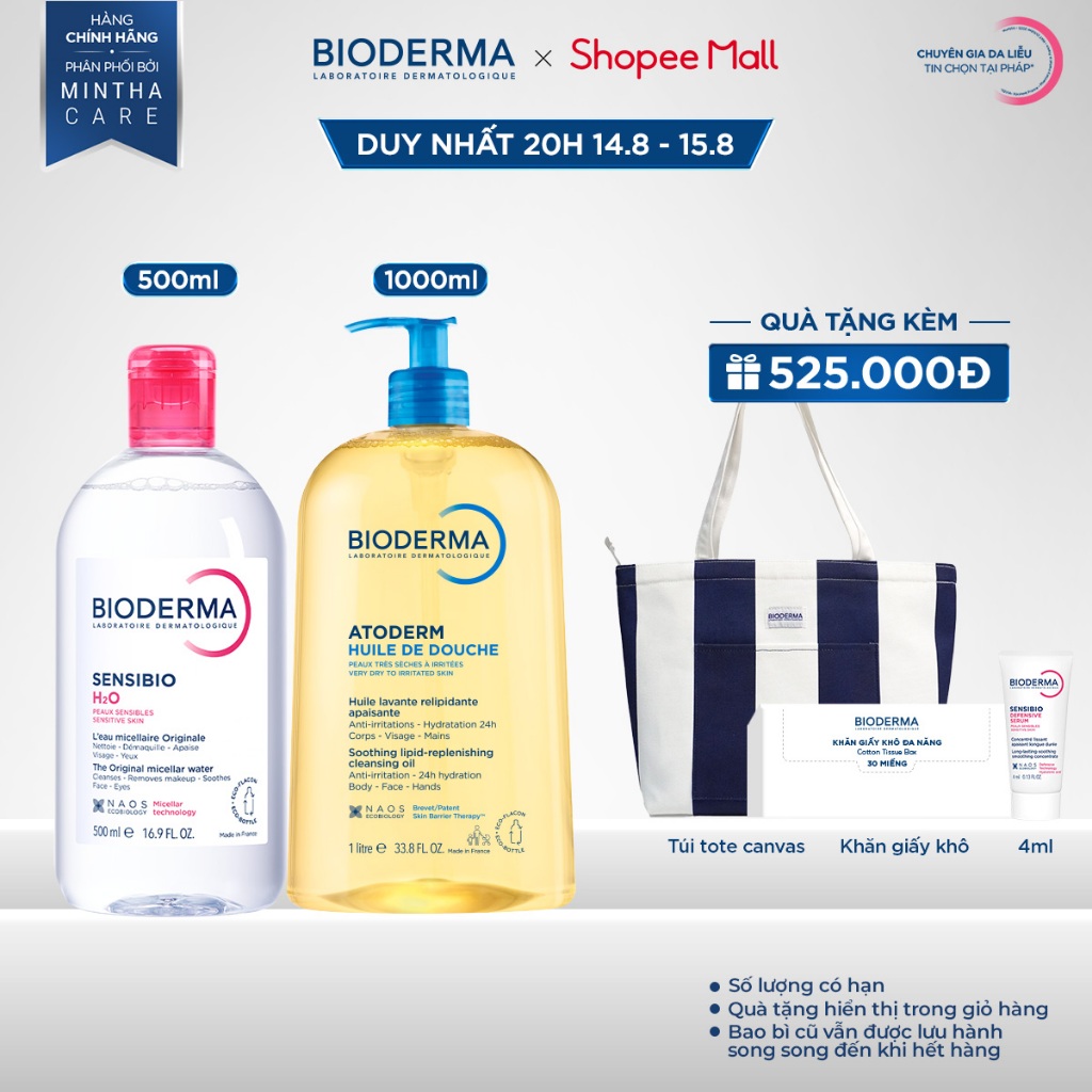Bộ đôi nước tẩy trang cho mọi loại da Sensibio H2O 500ml và dầu tắm làm sạch da Atoderm Huile De Douche 1L