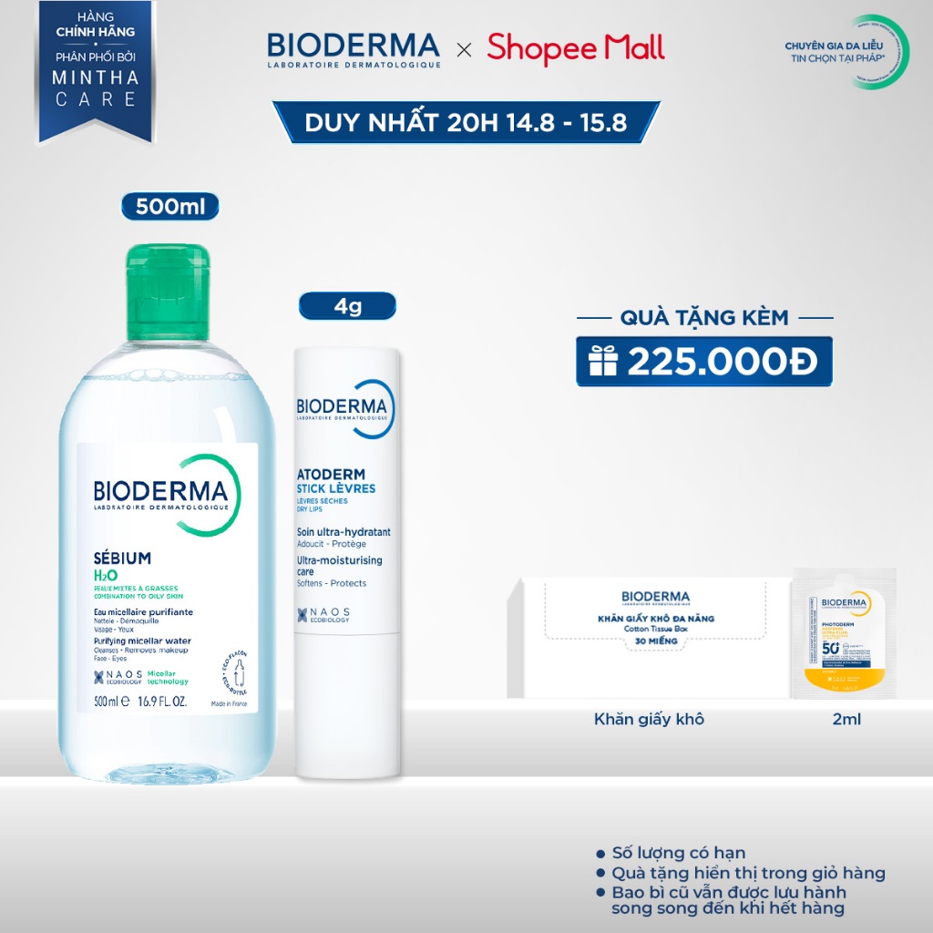 Bộ đôi nước tẩy trang cho da dầu mụn Sebium H2O 500ml và son dưỡng môi khô nứt nẻ Bioderma Atoderm Stick Levres - 4g