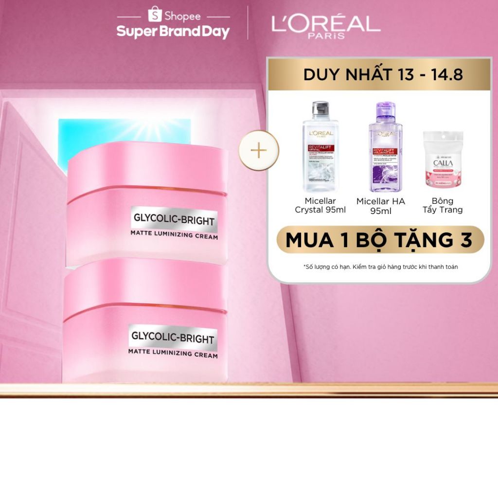 VB _ Bộ đôi kem dưỡng sáng da đột phá Melasyl làm mờ thâm mụn, nám L'Oreal Paris Glycolic Bright Matte Luminizing 50mlx2