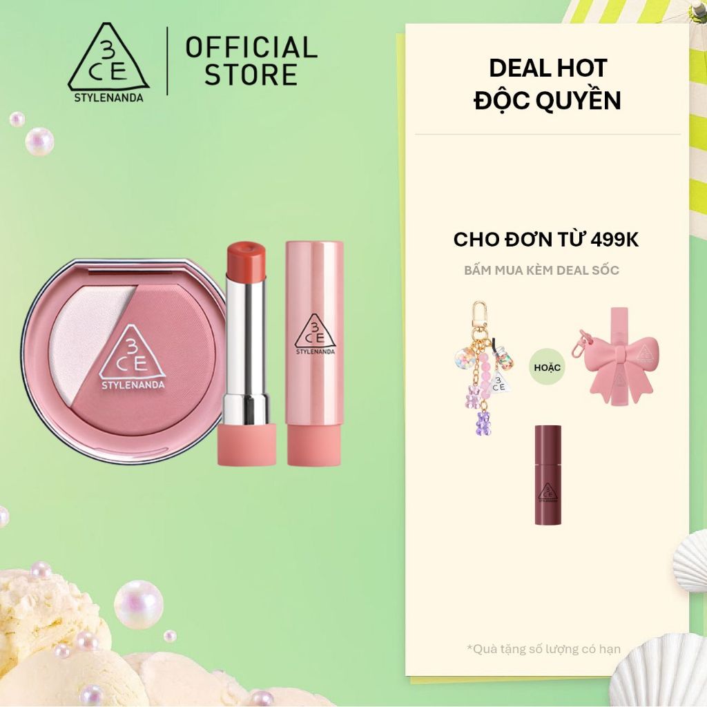 3CE Combo Phấn Má Hồng Blushlighter & Son Dưỡng Môi Glazy Lip Glow