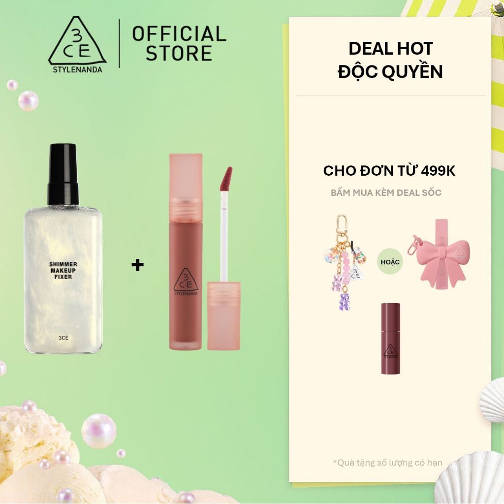 3CE Combo Son Blur Water Tint & Chai Xịt Cố Định Lớp Trang Điểm Shimmer Make Up Fixer