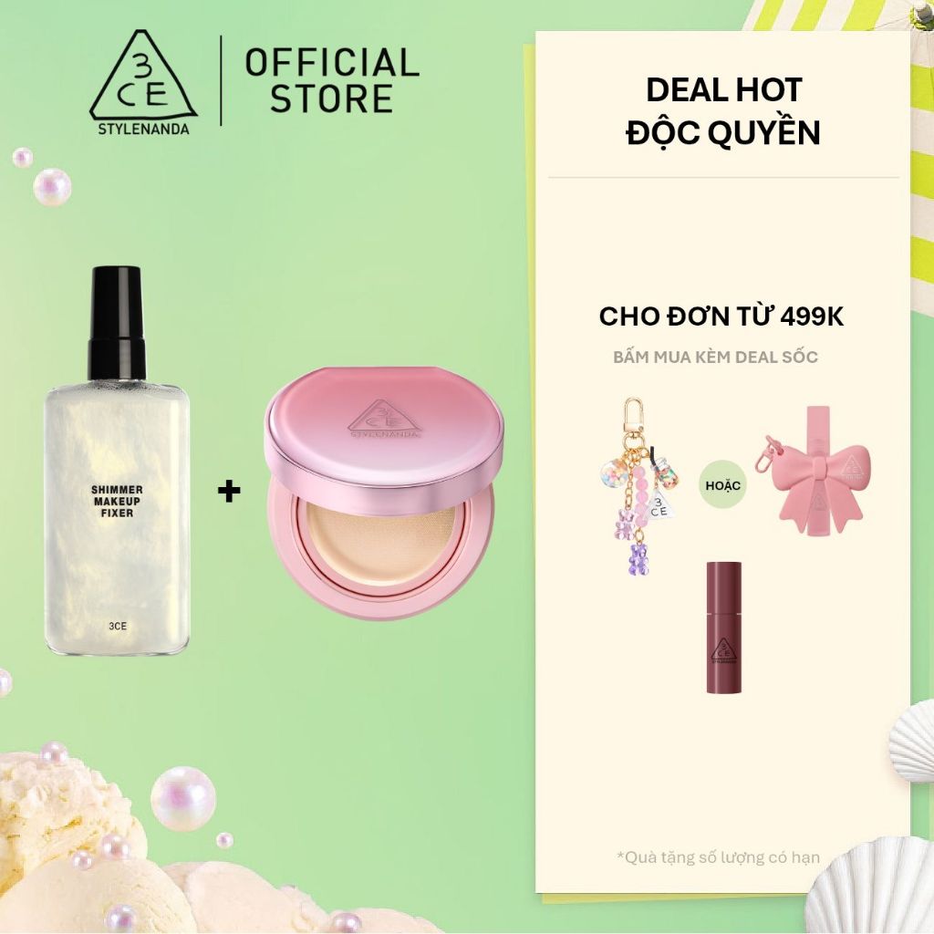 3CE Combo Phấn Nước Fitting Mesh Cover Cushion & Chai Xịt Khóa Nền Shimmer Makeup Fixer