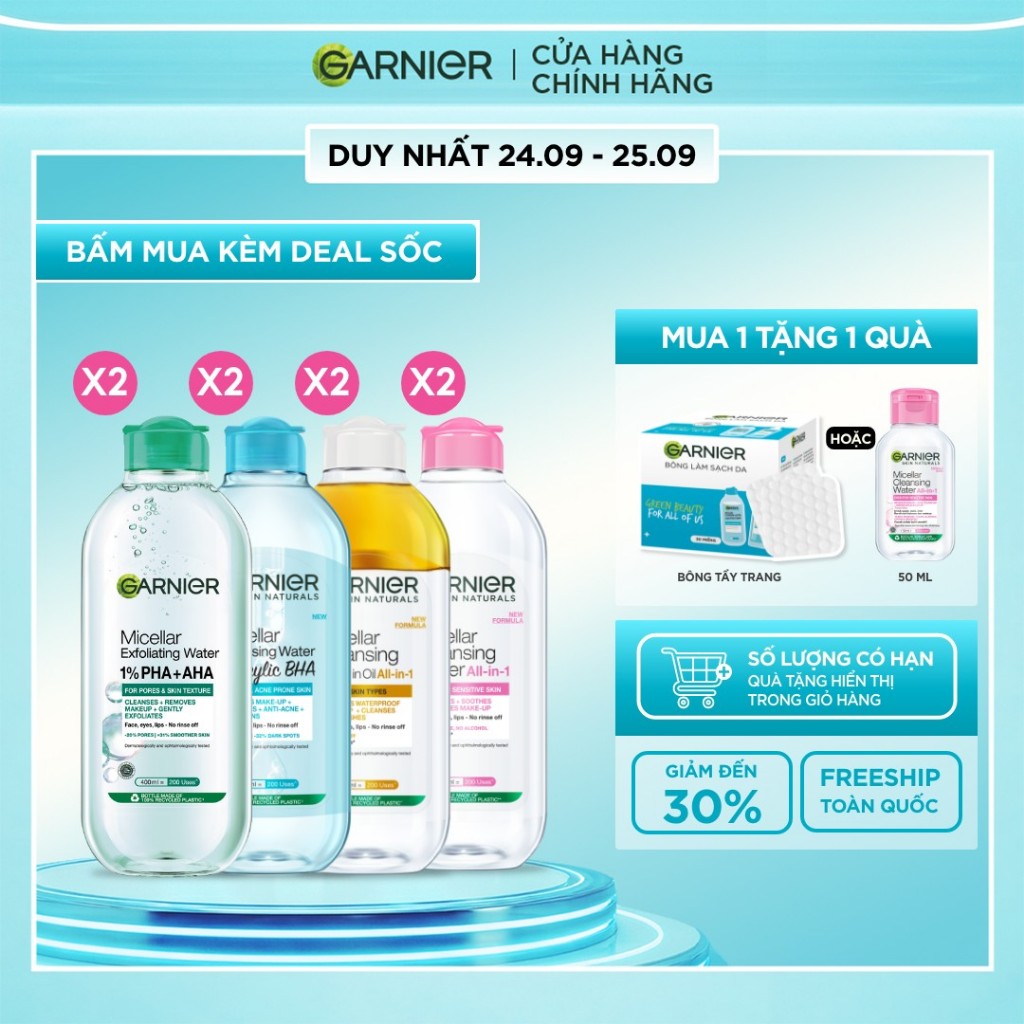 Bộ 2 nước Tẩy Trang làm sạch sâu dịu nhẹ cho mọi loại da (dầu, thường, khô, nhạy cảm) -Garnier Micellar Cleansing Water