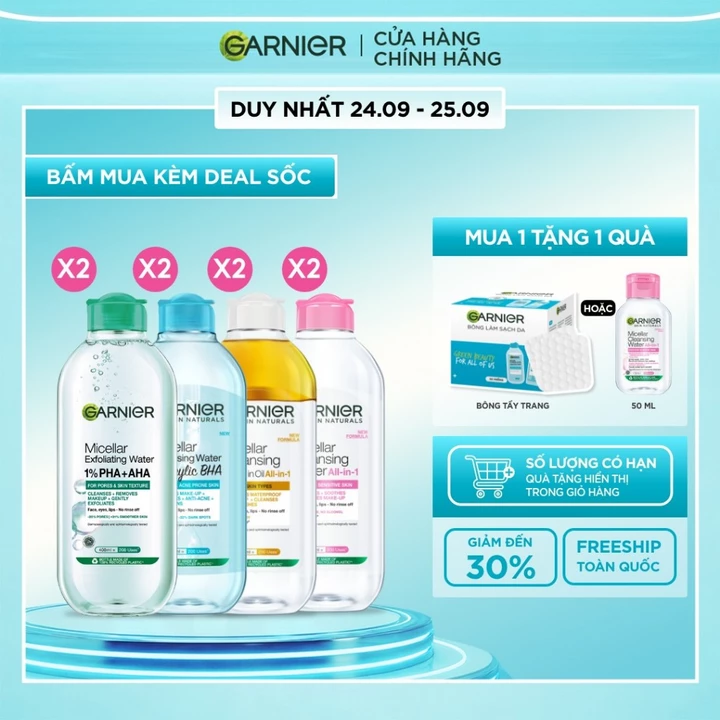 Bộ 2 nước Tẩy Trang làm sạch sâu dịu nhẹ cho mọi loại da (dầu, thường, khô, nhạy cảm) -Garnier Micellar Cleansing Water