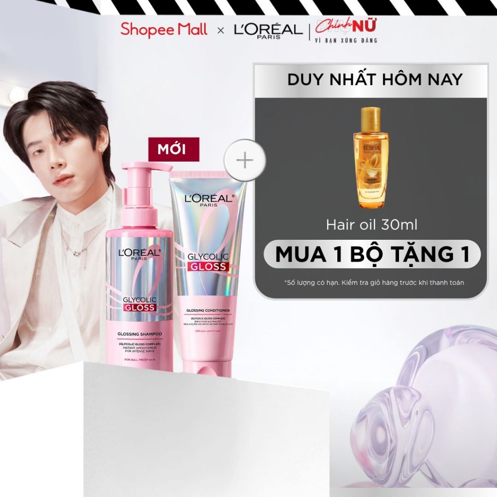[MỚI] VB_ Bộ dầu gội & xả phủ bóng, chống xơ rối phức hợp 2% [Glycolic Acid] L'Oréal Paris Glycolic Gloss 440ml, 200ml
