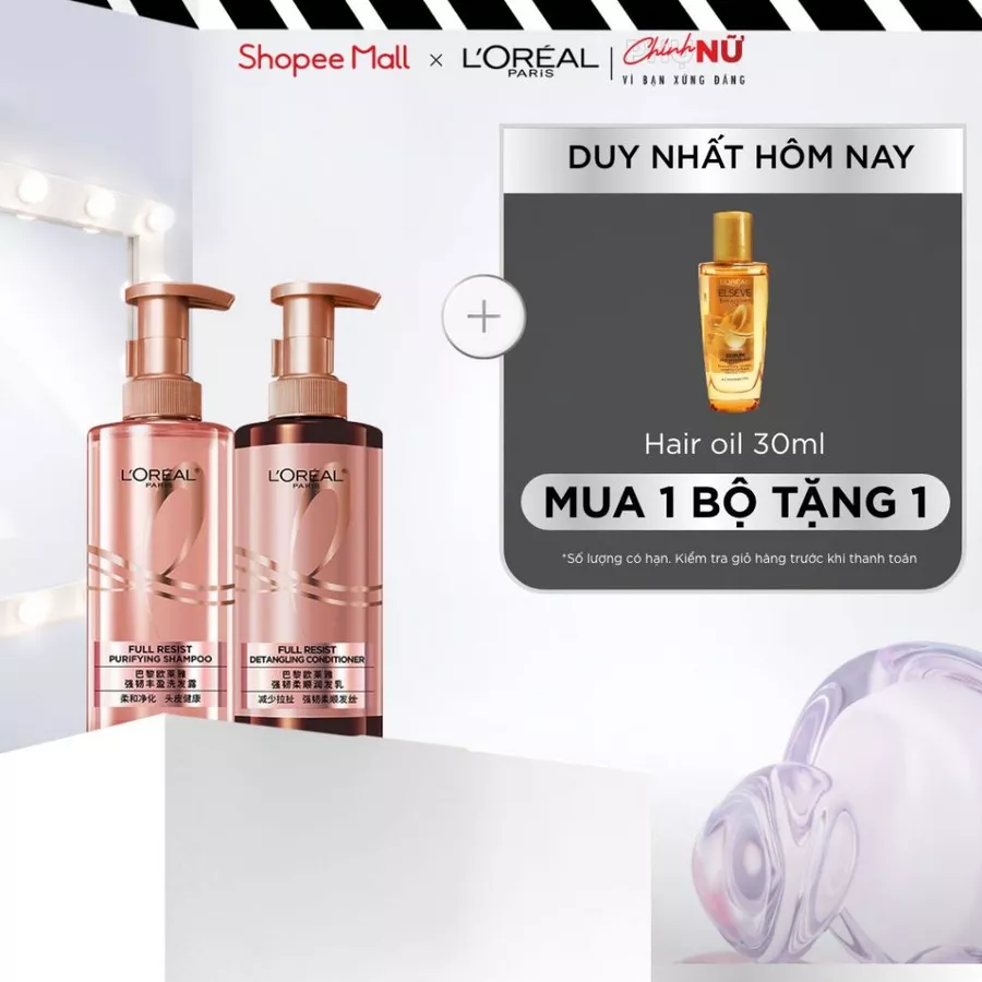 Ảnh listing Shopee L’Oréal Paris Elseve Full Resist với chai dầu gội và dầu xả màu hồng trong combo 440ml