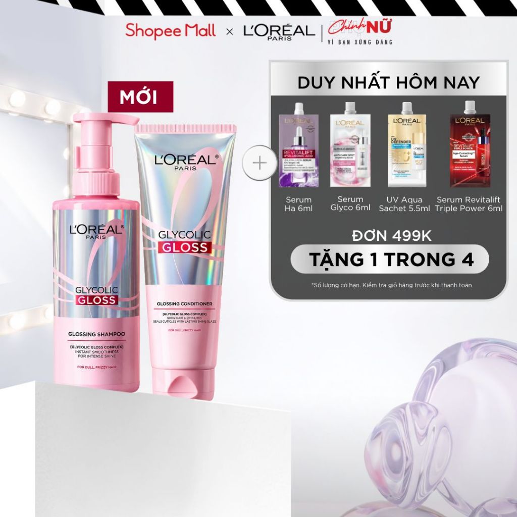 [MỚI] VB_ Bộ dầu gội & xả phủ bóng, chống xơ rối phức hợp 2% [Glycolic Acid] L'Oréal Paris Glycolic Gloss 440ml, 200ml