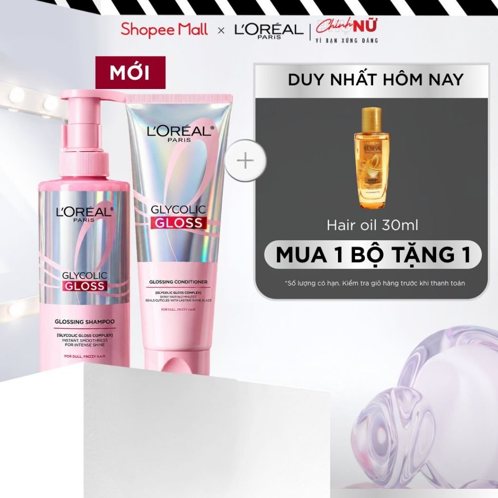 [MỚI] VB_ Bộ dầu gội & xả phủ bóng, chống xơ rối phức hợp 2% [Glycolic Acid] L'Oréal Paris Glycolic Gloss 440ml, 200ml