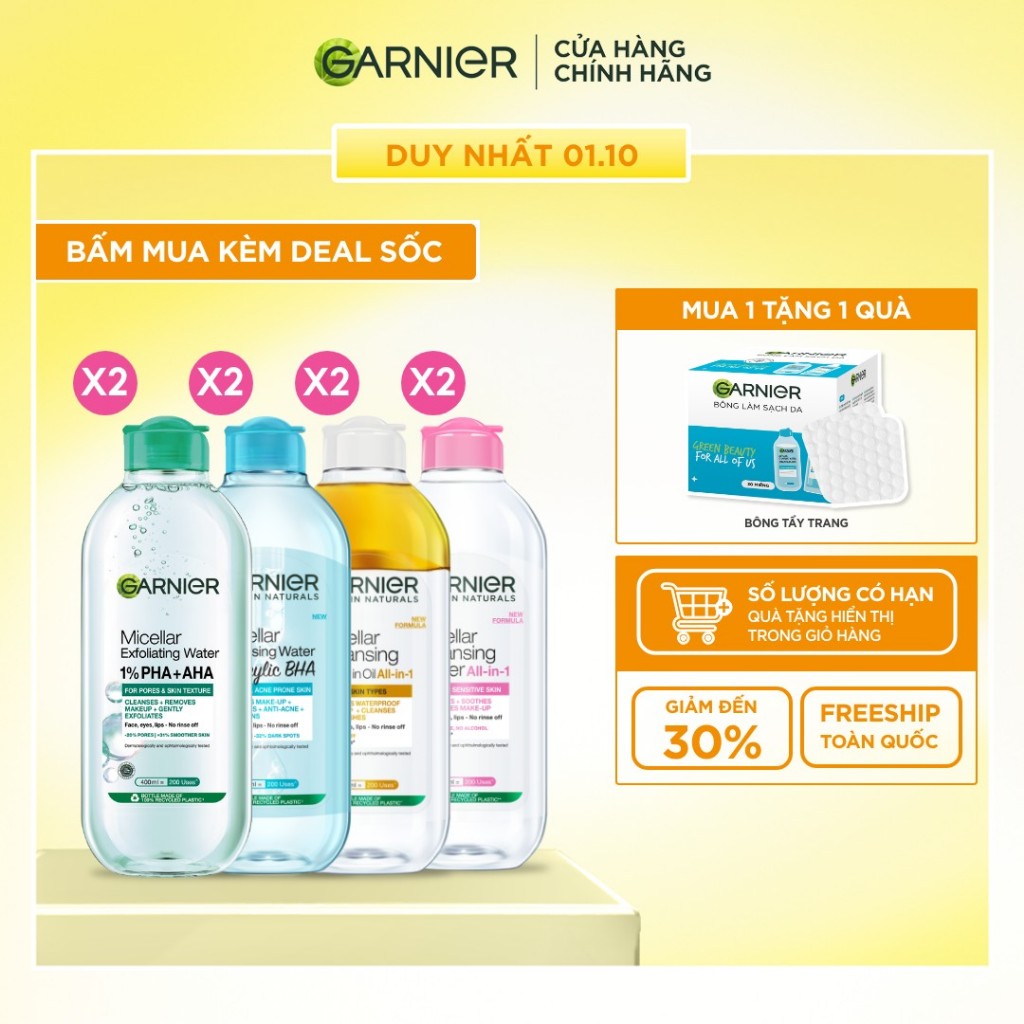 Bộ 2 nước Tẩy Trang làm sạch sâu dịu nhẹ cho mọi loại da (dầu, thường, khô, nhạy cảm) -Garnier Micellar Cleansing Water