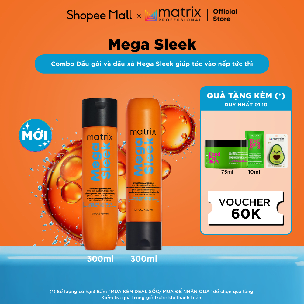 Combo Dầu gội và dầu xả dưỡng tóc suôn mượt MATRIX Mega Sleek 300ML dành cho tóc xơ rối, vào nếp tức thì