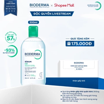 [BIODERMA - ĐÃ KÈM KHĂN GIẤY KHÔ 2026] Dung dịch làm sạch tẩy trang cho da hỗn hợp, dầu mụn Bioderma Sebium H2O - 500ml